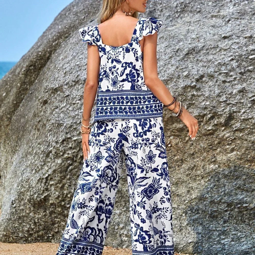 Blue Casual Womens Floral Print Ruffle Trim Top & Wide Leg Pants